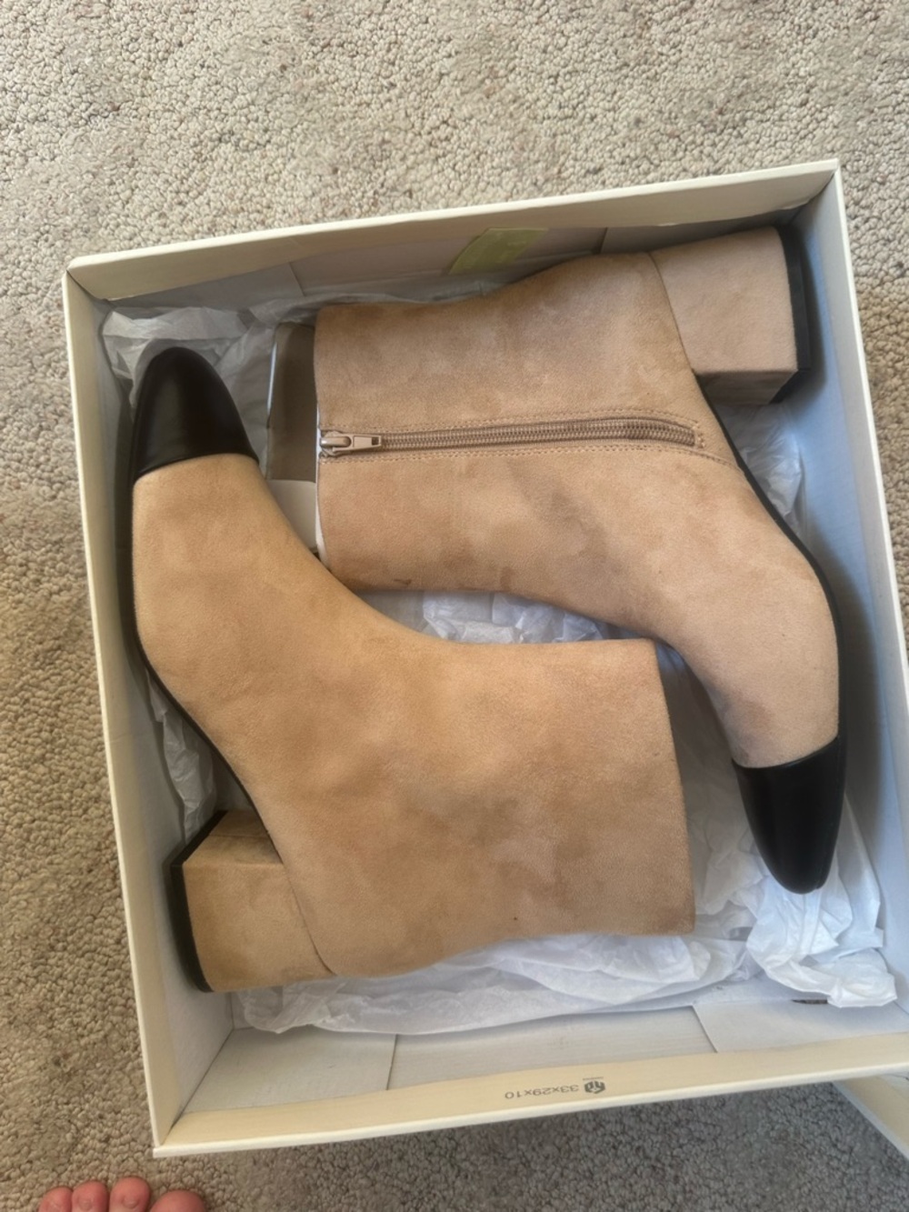 Women's Two-Tone Suede Ankle Booties - Beige with Black Cap Toe